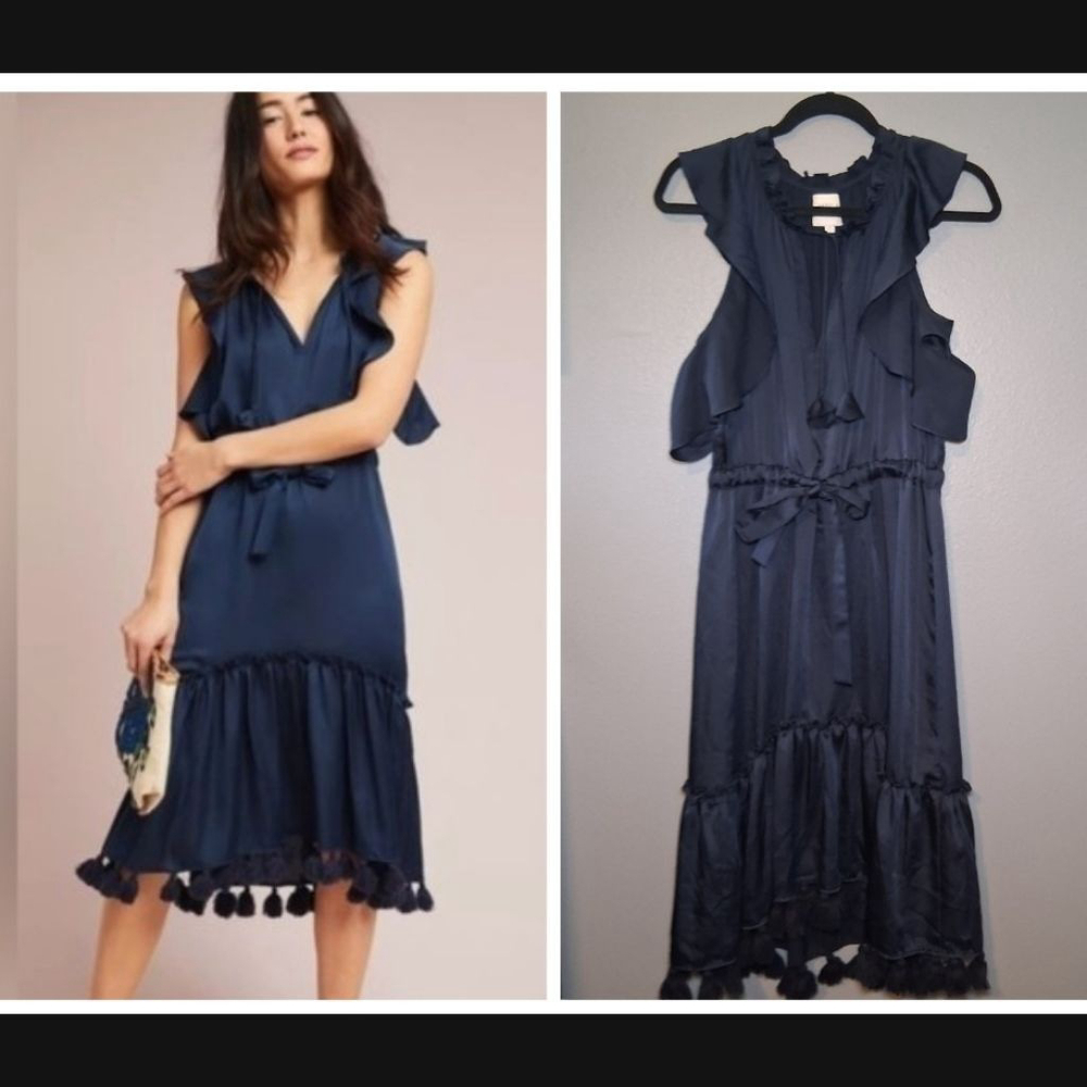 MISA Los Angeles Lenora Navy Ruffle Tassel Midi Dress